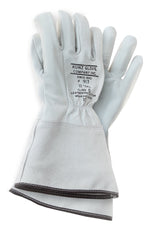 A pair of white goatskin work gloves branded with "NSA," featuring protective cuffs and reinforced stitching. Crafted in the USA, these NSA 913 KUNZ Pearl Goatskin 13" Low Voltage Protector gloves are designed for durability and protection, ensuring maximum resilience.