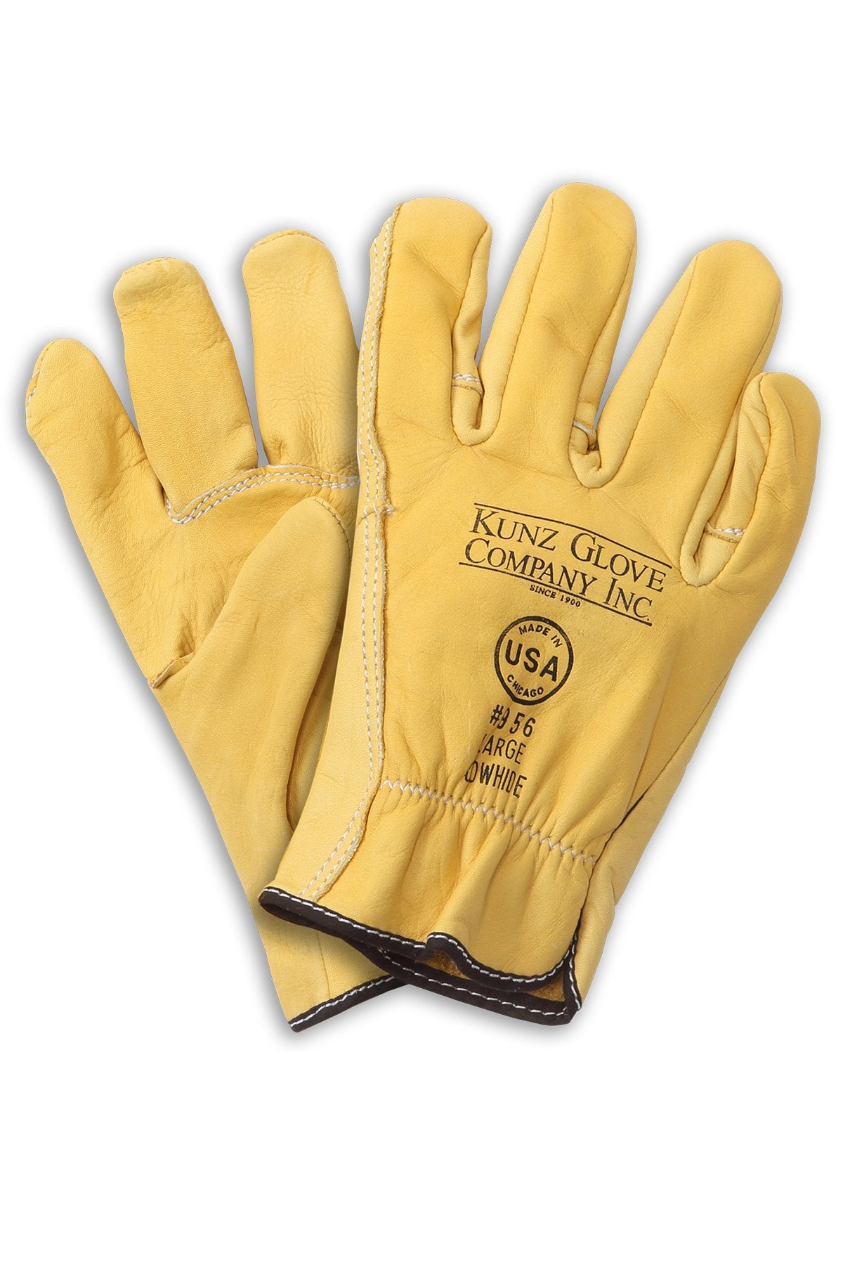 A pair of yellow NSA 956 KUNZ Cowhide Driver Style Work Gloves with black trim are displayed. One glove features text printed with "NSA, Made in USA," along with size and style information. These soft leather gloves highlight the durability and craftsmanship typical of driver style gloves.