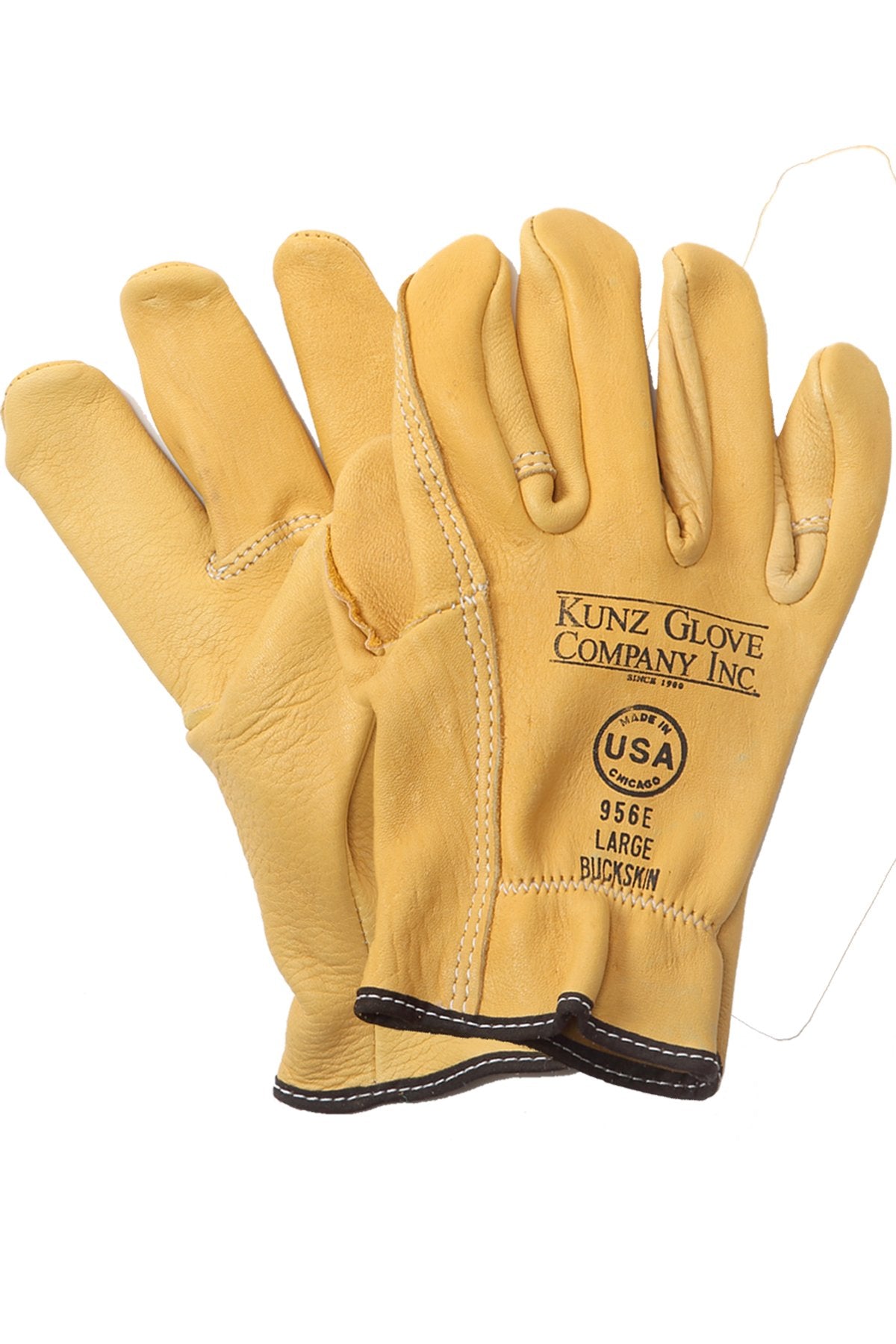 A pair of NSA 956E KUNZ Buckskin Driver Style Work Gloves, featuring a yellow buckskin leather design with black trim, proudly displays "Made in USA" and "Large" on the front. These gloves are presented overlapping against a white background.