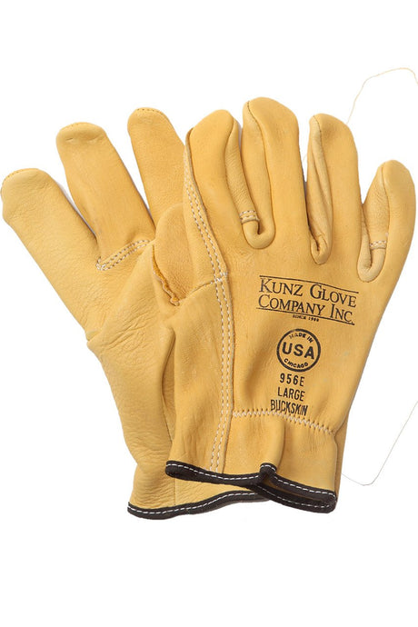 A pair of NSA 956E KUNZ Buckskin Driver Style Work Gloves in yellow leather, featuring black trim and "Kunz Glove Company Inc." labeling. Available in size large, these USA-made work gloves combine both quality and style.