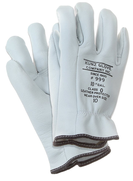 A pair of NSA 999 KUNZ Pearl Goatskin leather work gloves in gray, accented with black trim, showcasing the "Kunz Glove Company Inc" branding and relevant product information. Displayed to show both the front and back sides, these gloves are dependable protectors for low voltage tasks on the job.