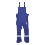 Introducing the NSA ArcGuard Performance 40 Cal Arc Flash Bib ARC40B, a durable blue protective overall equipped with GORE PYRAD technology. It features adjustable shoulder straps and reflective bands around the lower legs, ideal for safety or industrial environments. The bib offers 40 cal arc flash protection and is adorned with an embroidered "CAT2 8.6 CAL" marking on the chest.