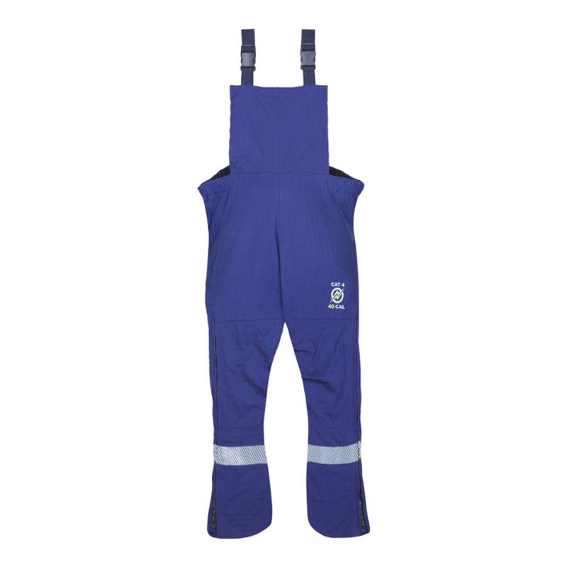 The NSA ArcGuard Performance 40 Cal Arc Flash Bib ARC40B is a pair of blue protective overalls with adjustable straps and reflective bands around the lower legs, designed for safety and durability, and equipped with GORE PYRAD technology for enhanced arc flash protection.