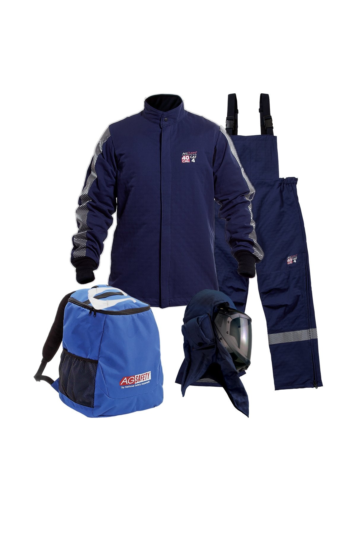 Product Description: The NSA 40 Cal Arcguard Performance Arc Flash Kit includes a navy blue jacket, trousers with suspenders, a backpack, and a welding hood equipped with a PureView faceshield, all set on a white background.