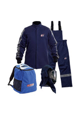 The NSA 40 Cal Arcguard Performance Arc Flash Kit with Fan Hood includes a navy blue jacket and pants with suspenders, alongside a welding helmet equipped with a PureView faceshield for improved visibility. It also comes with a blue backpack, featuring the "AG Safety" logo.