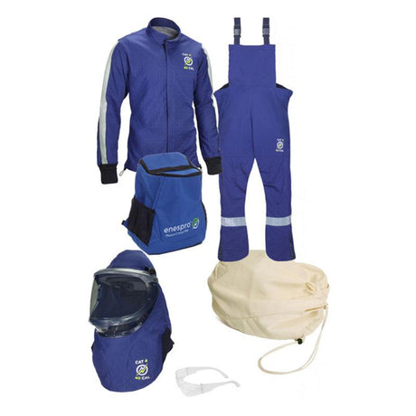 The NSA ArcGuard Performance 40 Cal Arc Flash Kit ARC40KITNG includes a blue jacket, overalls, helmet with face shield, protective goggles, and safety hood, all made with GORE PYRAD technology. It is designed in blue with reflective strips and comes with a handy carrying bag for your arc flash suit essentials.