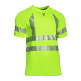 The NSA FR Control 2.0 Short Sleeve T-Shirt Type R Class 3 BSTJTRC3 is a lime green high-visibility safety shirt featuring reflective silver stripes across the chest and shoulders. This short-sleeved design incorporates moisture-wicking fabric with a small eagle logo below the neckline, providing enhanced visibility, comfort, and safety in any situation.