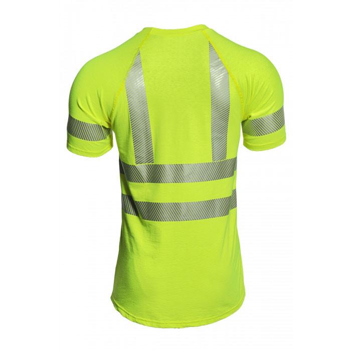 The NSA FR Control 2.0 Short Sleeve T-Shirt Type R Class 3 BSTJTRC3 is a vibrant yellow T-shirt with short sleeves, designed with moisture-wicking fabric and reflective grey stripes on the back and upper arms to ensure high visibility, optimal comfort, and safety.