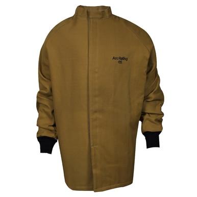 This NSA Arc 65 49 in. Multi-Layer Nomex/Kevlar Coat from NSA is a brown protective jacket featuring black cuffs and a high collar. With an "Arc Rating 65" displayed prominently on the front, it includes a front closure and full sleeves, making it perfect safety equipment for industrial use.