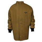 Introducing the NSA Arc 65, a 49-inch multi-layer Nomex/Kevlar coat in brown. This essential safety jacket from NSA features long sleeves and black cuffs, with a convenient front closure. The text "Arc Rating 65" is clearly displayed on the chest, signifying its inclusion in our dependable Arc Flash Clothing line.