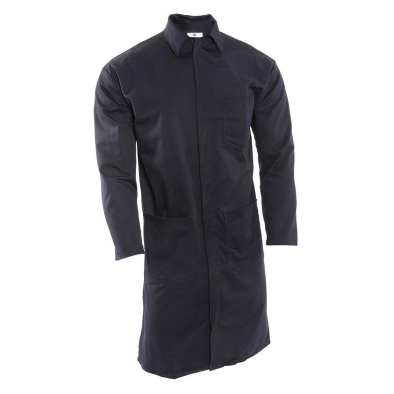 The NSA FR 9 oz. Standard Lab Coat by NSA is a flame-resistant lab coat in black featuring long sleeves, front button closure, and three pockets—two positioned at the bottom and one on the chest. The product is set against a plain white background, offering added protection for the wearer.