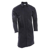 The NSA FR 9 oz. Standard Lab Coat, by NSA, is a black long-sleeve lab coat perfect for safety equipment needs. It features three pockets—one on the chest and two at the waist—and has a button-down front with a collar. The coat is designed to be flame resistant for extra protection.