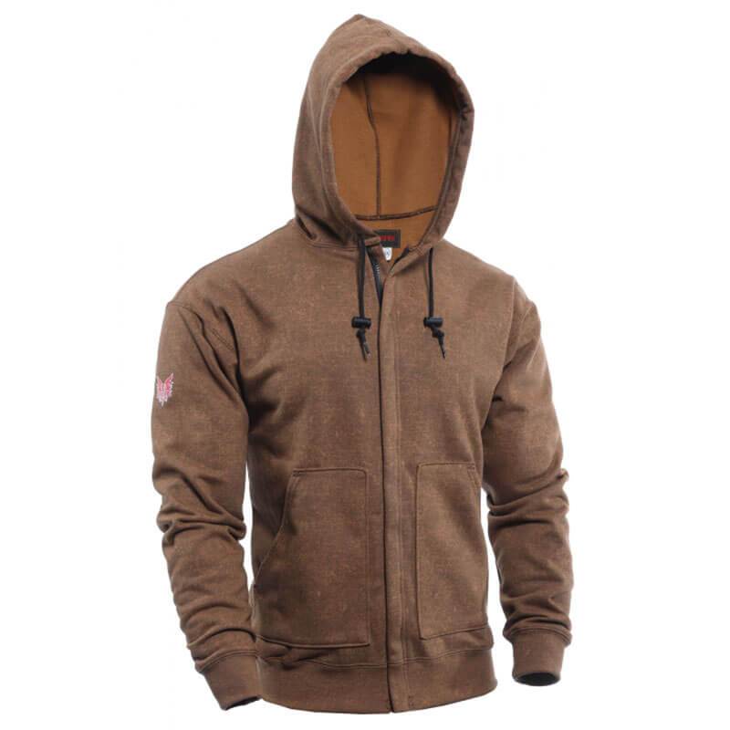 The NSA TECGEN FR Tacoma Heavyweight Hoodie C21IB12_ _ is a brown hooded jacket equipped with a front zipper and black drawstrings. It features two front pockets and a discreet logo on the left sleeve, complemented by its rugged, textured fabric design that makes it perfect for casual wear.