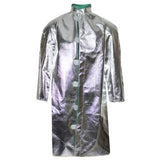 Introducing the NSA Deluxe 45 in. Long Coat, crafted from 19 oz. ventilated aluminized carbon for optimal coverage and protection. This metallic silver coat showcases oversized buttons, a high collar, three-quarter length sleeves, and a reflective shiny surface that balances style with ventilation.