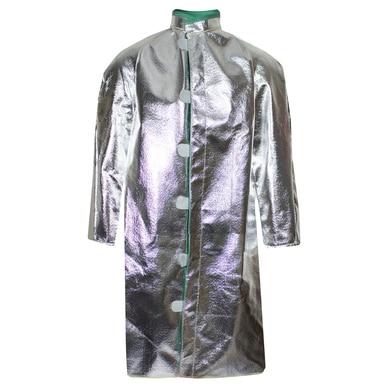 The NSA Deluxe 45 in. Long 19 oz. Ventilated Aluminized Coat, from the brand NSA, is a shiny, metallic silver long coat made from aluminized carbon. It provides superior coverage and protection and features a high collar and large circular buttons that enhance its futuristic design, while three-quarter length sleeves add a modern touch.