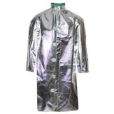 The NSA Deluxe 45 in. Long 19 oz. Ventilated Aluminized Coat features a silver metallic finish, high collar, and large round buttons. Its shiny, reflective texture ensures excellent coverage and protection, with the green lining providing a stylish contrast to its long-sleeved design.