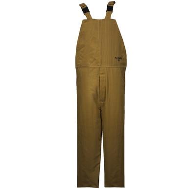 The NSA Arc 65 Multi-Layer Nomex/Kevlar Bib Overall features brown overalls with adjustable shoulder straps, a front bib pocket, and full-length legs. Constructed from durable, flame-resistant fabric, these overalls are ideal for work or casual use. These NSA Arc Flash Clothing items look brand new and unworn.