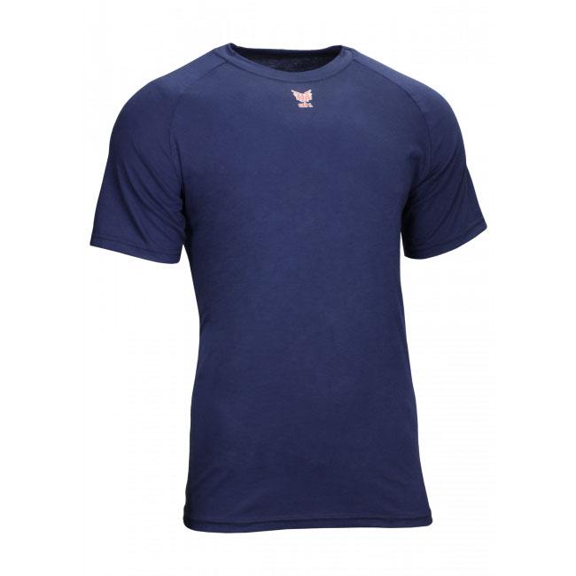 The NSA FR Control 2.0 Short Sleeve Base Layer T-Shirt C52FKSR, crafted by NSA, is a plain dark blue short-sleeve shirt featuring a small logo near the neckline and moisture-wicking technology. Its simple, classic design includes a crew neck and straight hem, ensuring comfort and style with every wear.