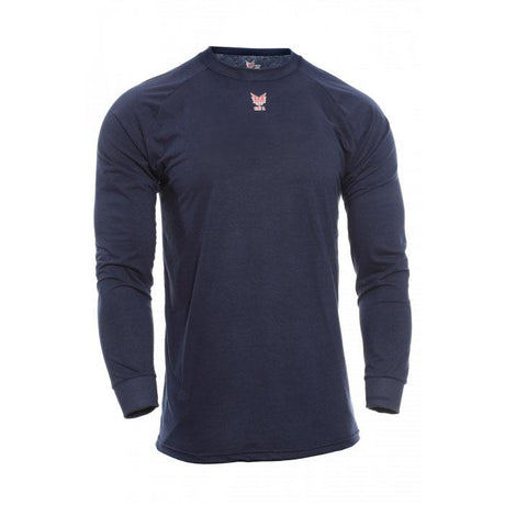 The NSA FR Control 2.0 Long Sleeve Base Layer T-Shirt C52FKSRLS by NSA is showcased on a clean white background, highlighting a small red graphic logo on the chest. Equipped with moisture-wicking technology, this navy blue shirt guarantees comfort all day long.