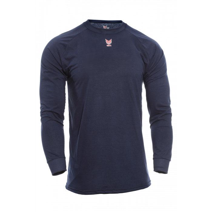 Introducing the NSA FR Control 2.0 Long Sleeve Base Layer T-Shirt C52FKSRLS by NSA: a stylish long-sleeve shirt in navy blue, equipped with moisture-wicking technology and adorned with a small red and white logo on the chest. This shirt, displayed in a front view against a white background, seamlessly blends style with comfort.