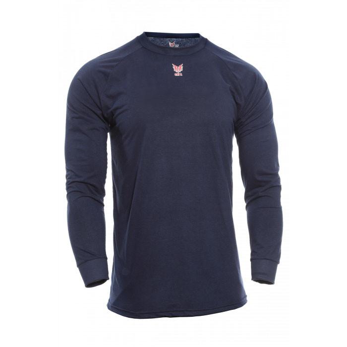 Introducing the NSA FR Control 2.0 Long Sleeve Base Layer T-Shirt (C52FKSRLS) by NSA, featuring a simple crew neck design in navy blue with a small red logo on the chest. Crafted from soft and comfortable material, this t-shirt offers moisture-wicking and odor control properties, beautifully displayed against a plain white background.