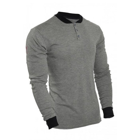 Introducing the NSA TECGEN FR Long Sleeve Henley, featuring a sophisticated design with carbon fabric technology. This product showcases a grey appearance complemented by a black collar and cuffs. The henley is equipped with a three-button placket and includes a subtle logo on the left sleeve for added detail.