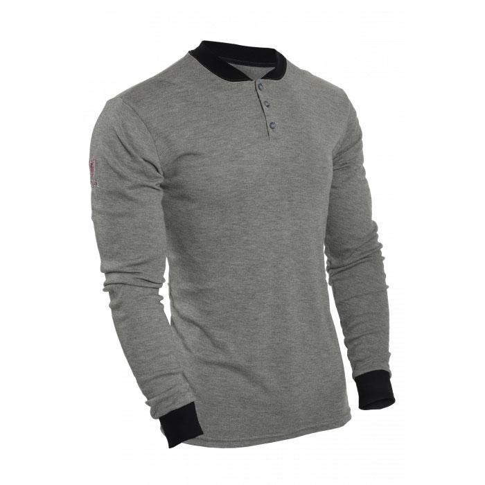 The NSA TECGEN FR Long Sleeve Henley in gray features a black collar and cuffs, made from moisture-wicking fabric. This shirt includes a three-button placket and a subtle logo on the left sleeve.