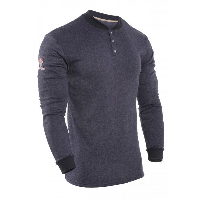 Introducing the NSA TECGEN FR Long Sleeve Henley, model C541N_ _BSLS_ _. This navy blue men's shirt features a black collar and cuffs, crafted with advanced Carbon Fabric Technology for enhanced durability. It includes a buttoned placket at the neck and an embroidered logo on the left sleeve, combining style with functionality.