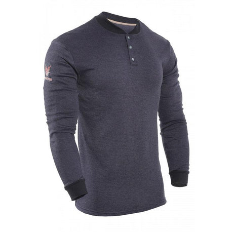 The NSA TECGEN FR Long Sleeve Henley (Product Code: C541N_ _BSLS_ _) in dark gray showcases Carbon Fabric Technology, featuring a black collar and sleeve cuffs. It is designed with a three-button placket and includes a small embroidered logo on the right sleeve, perfectly blending style with innovation.