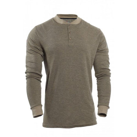 The NSA TECGEN FR Long Sleeve Henley C541N_BSLS from NSA is an olive-green shirt with moisture-wicking properties, featuring a three-button placket and contrasting cuffs and collar. Made with Carbon Fabric Technology, this fashionable top is showcased against a white backdrop.