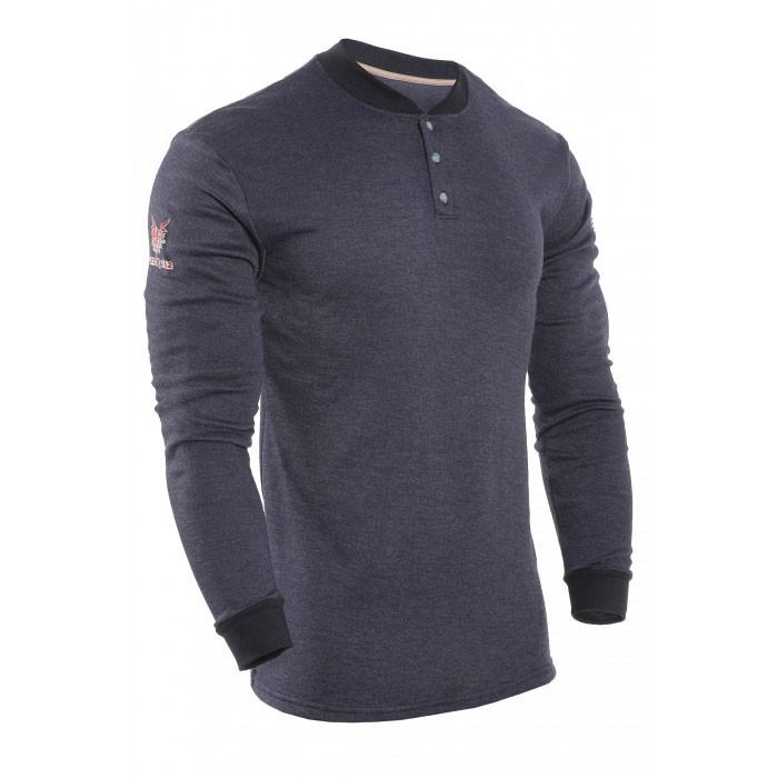 The NSA TECGEN FR Long Sleeve Henley features carbon fabric technology and comes in dark grey with a black collar and cuffs. It includes three buttons on the upper front and displays a small embroidered logo on the left sleeve, presented on a plain white background.