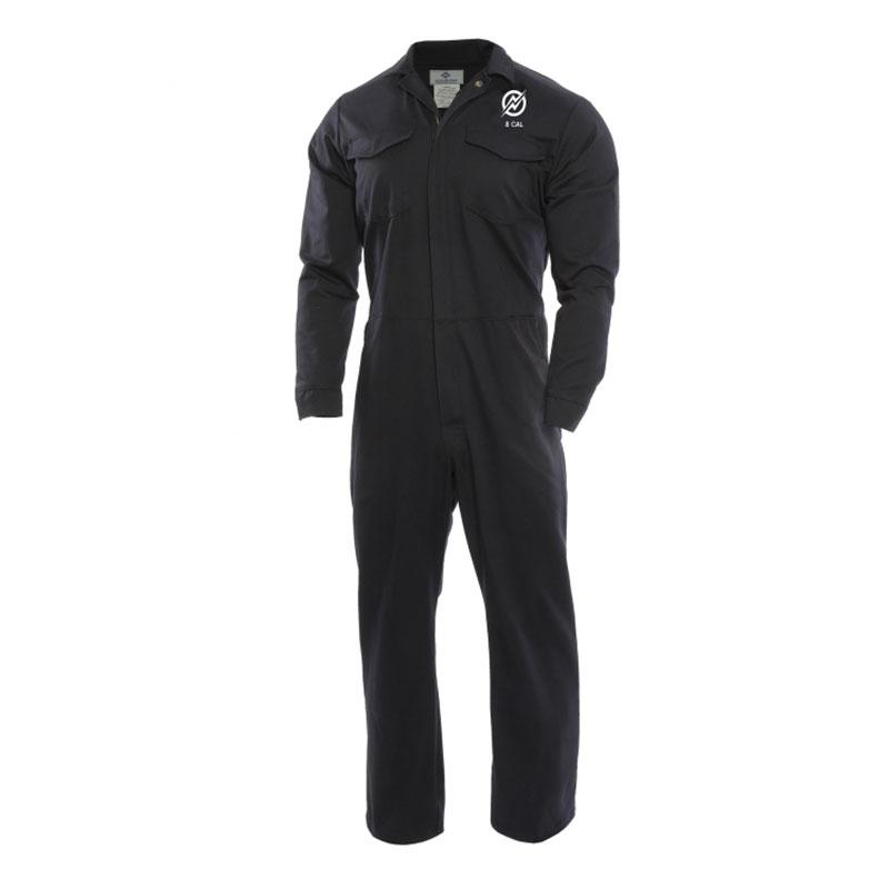 The NSA FR 7 oz Navy UltraSoft Coverall C88UJ by NSA is a full-length coverall made from UltraSoft FR Fabric, featuring long sleeves and a front zipper. It includes a small white logo on the chest for added style and Arc Flash Protection, showcased against a plain white background.