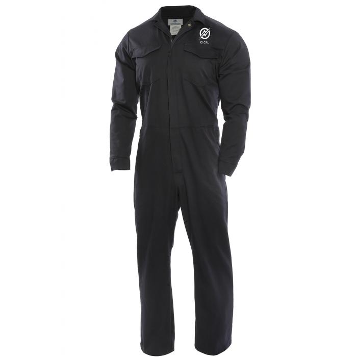 Displayed is the NSA FR 9 oz. UltraSoft Navy Coverall C88UP, a navy flame-resistant coverall with long sleeves and a front zipper. It features two chest pockets, with the brand logo on the left pocket. Compliant with NFPA 70E standards, it seems tailored for industrial or work settings to provide protection against arc flash hazards. No person is pictured wearing it.