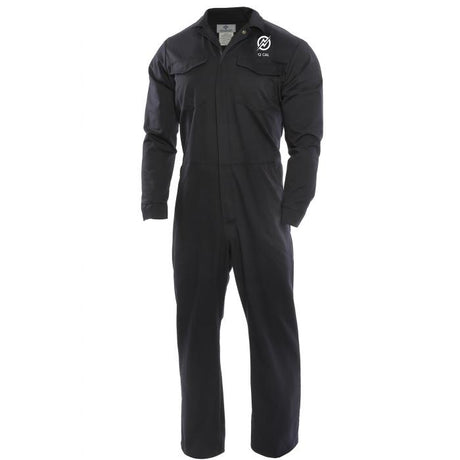 The NSA FR 9 oz. UltraSoft Navy Coverall C88UP by NSA is a navy, flame-resistant long-sleeved coverall with a front zipper and buttoned chest pockets that features a logo on the left chest. Compliant with NFPA 70E standards, this coverall showcases a straight-leg design and a high collar, providing safety without sacrificing style.