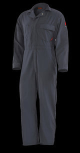 Introducing the NSA DRIFIRE 4.4 FR Coverall DF2-450C-CA-NB: a flame-resistant coverall in dark blue, designed by NSA with a button-up front. It includes two chest pockets and is ideal for protective or industrial use.