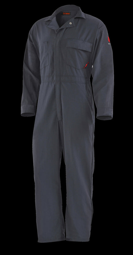 The NSA DRIFIRE 4.4 FR Coverall DF2-450C-CA-NB in dark blue is showcased, featuring long sleeves, a front zipper, and two chest pockets. Designed for work environments, this flame-resistant coverall provides comprehensive protection against hazardous conditions.