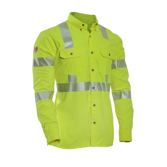 The NSA DRIFIRE FR Hi-Vis Utility Shirt - Type R Class 3 in neon yellow comes with reflective silver stripes on the chest, sleeves, and waist. This long-sleeve shirt is designed with button closures and features two buttoned chest pockets, making it ideal for workers requiring enhanced visibility.