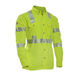 Introducing the NSA DRIFIRE FR Hi-Vis Utility Shirt - Type R Class 3: a vibrant yellow, high-visibility safety shirt designed with reflective silver stripes across the chest, arms, and back. This flame-resistant shirt from NSA features buttoned cuffs and practical chest pockets for optimal utility.