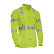 Introducing the NSA DRIFIRE FR Hi-Vis Utility Shirt - Type R Class 3, a high-visibility yellow safety shirt from NSA that features reflective silver stripes. It is designed with long sleeves, a button-up front, and two chest pockets with flaps. Ideal for ensuring safety and visibility on the job.