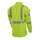 The NSA DRIFIRE FR Hi-Vis Utility Shirt - Type R Class 3, in a fluorescent yellow color, is a long-sleeve safety essential made by NSA. It features moisture-wicking fabric and reflective silver stripes on the back and arms for high visibility. Additionally, it includes buttoned cuffs and a collar for added practicality.