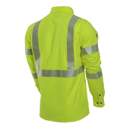 The NSA DRIFIRE FR Hi-Vis Utility Shirt - Type R Class 3, in a fluorescent yellow color, is a long-sleeve safety essential made by NSA. It features moisture-wicking fabric and reflective silver stripes on the back and arms for high visibility. Additionally, it includes buttoned cuffs and a collar for added practicality.