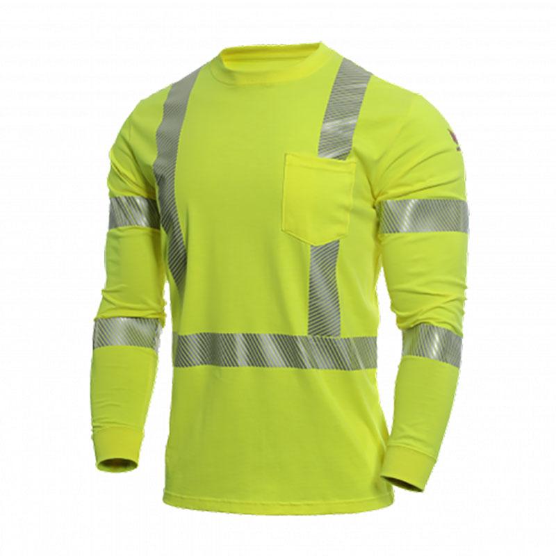 The NSA DRIFIRE Strongknit FR Hi-Vis Long Sleeve T-Shirt is a neon yellow, flame-resistant safety shirt that features reflective silver stripes across the chest, arms, and back. It is designed for high visibility and includes a front pocket on the left side along with moisture management technology to enhance comfort.