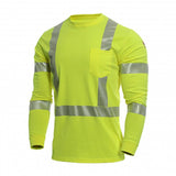 The NSA DRIFIRE Strongknit FR Hi-Vis Long Sleeve T-Shirt is a neon yellow, flame-resistant safety shirt that features reflective silver stripes across the chest, arms, and back. It is designed for high visibility and includes a front pocket on the left side along with moisture management technology to enhance comfort.