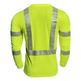 Introducing the NSA DRIFIRE Strongknit FR Hi-Vis Long Sleeve T-Shirt by NSA, a neon yellow safety shirt equipped with flame-resistant properties and featuring reflective silver strips on the back and arms for enhanced visibility and moisture management.