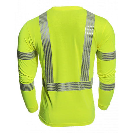 Introducing the NSA DRIFIRE Strongknit FR Hi-Vis Long Sleeve T-Shirt by NSA, a neon yellow safety shirt equipped with flame-resistant properties and featuring reflective silver strips on the back and arms for enhanced visibility and moisture management.