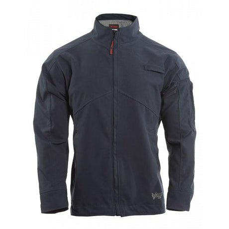 The NSA DRIFIRE IA FR Windbreaker Jacket (DF2-CM-1WWB-NB) in dark grey features a high collar, full zipper closure, and multiple pockets—including one on the chest and one on the sleeve. It is crafted with reinforced stitching and GORE PYRAD fabric for enhanced durability, with a logo on the bottom right side.