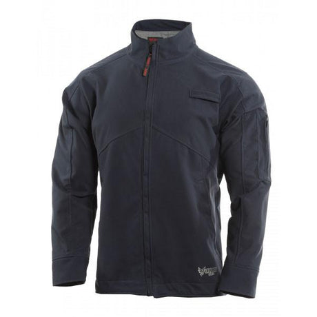 The NSA DRIFIRE IA FR Windbreaker Jacket, model DF2-CM-1WWB-NB, comes in black and showcases a high collar along with long sleeves. This jacket includes a front zipper, a zippered chest pocket, and bears a small logo near the hem. Made from sturdy GORE PYRAD fabric, it features reinforced stitching and offers a sleek, fitted design.