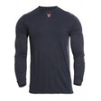 The NSA DRIFIRE FR Lightweight Long Sleeve T-Shirt DF2-CM-446LS in black showcases a small red logo on the chest. It features a crew neckline and incorporates moisture-wicking technology for improved comfort. Set against a plain white background, it is engineered for performance with an emphasis on odor control.