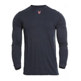 The NSA DRIFIRE FR Lightweight Long Sleeve T-Shirt DF2-CM-446LS in black showcases a small red logo on the chest. It features a crew neckline and incorporates moisture-wicking technology for improved comfort. Set against a plain white background, it is engineered for performance with an emphasis on odor control.