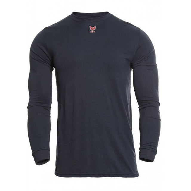 The NSA DRIFIRE FR Lightweight Long Sleeve T-Shirt DF2-CM-446LS in black showcases a small red logo on the chest. It features a crew neckline and incorporates moisture-wicking technology for improved comfort. Set against a plain white background, it is engineered for performance with an emphasis on odor control.